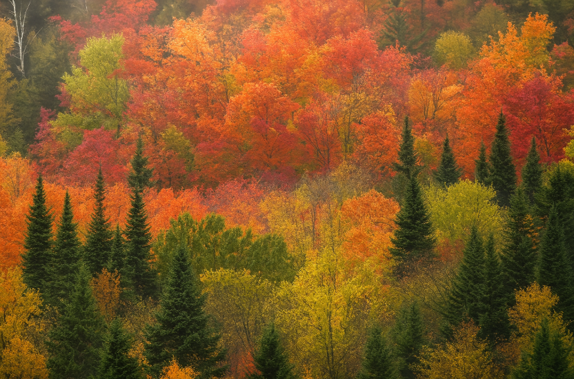 Forêt d’érables et de bouleaux avec conifères