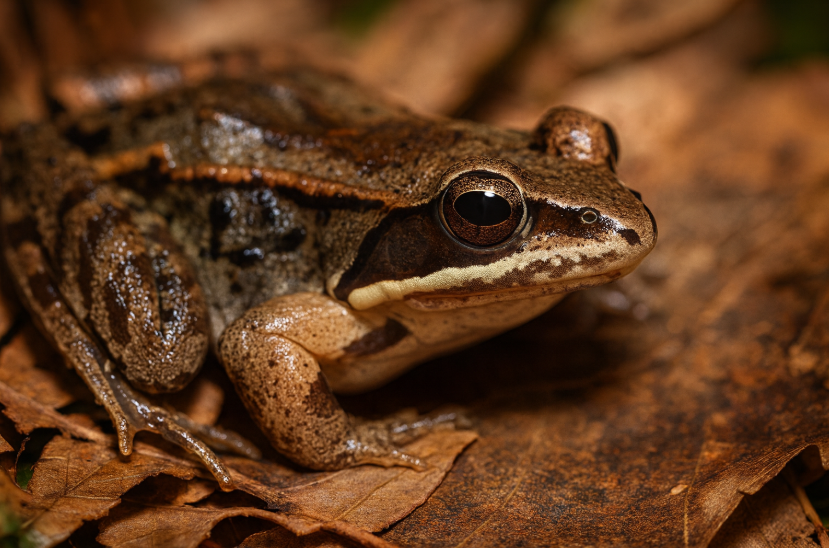 Grenouille des bois sur litière de feuilles